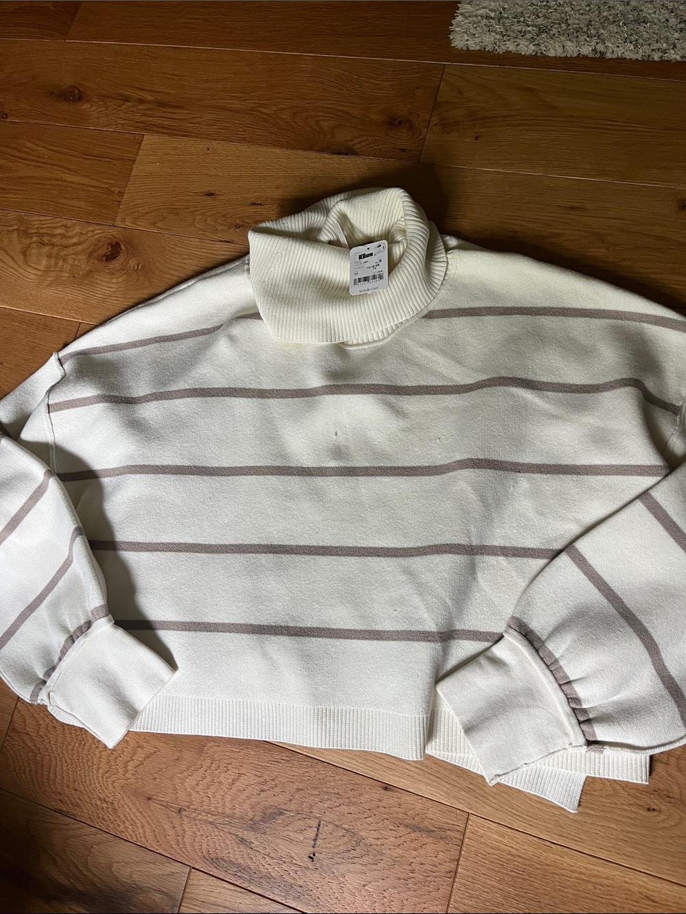 Cream Turtleneck Striped Knit Sweater